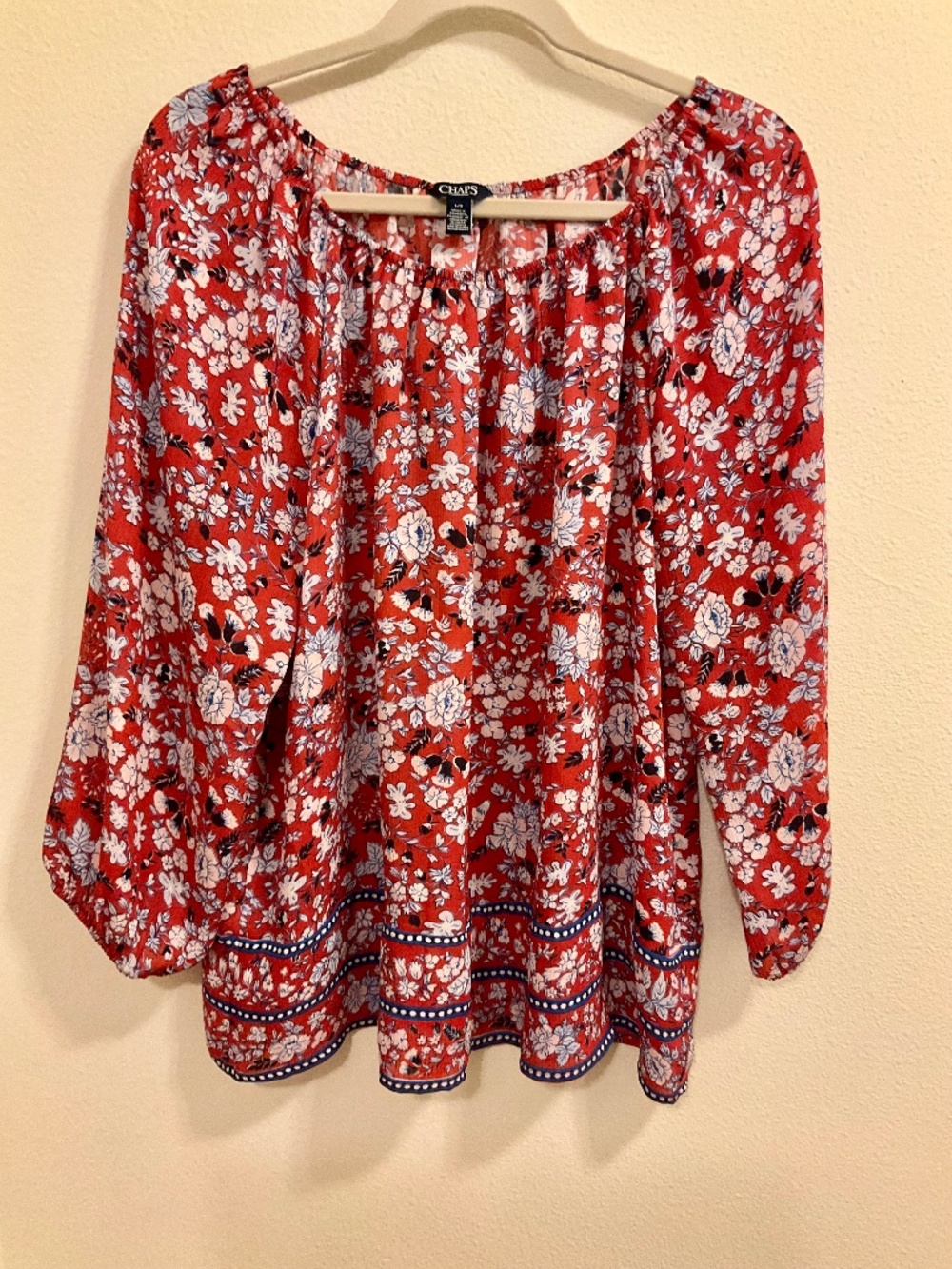 "Chaps" Womens Red Floral Print Flowy Pull Over Blouse 3/4 Sleeve^ Size Lg